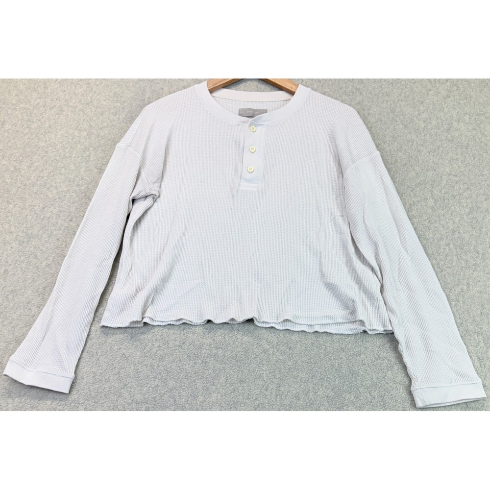 Everlane Womens Cropped Henley Shirt Ivory Waffle Knit Long Sleeve Relaxed Fit S